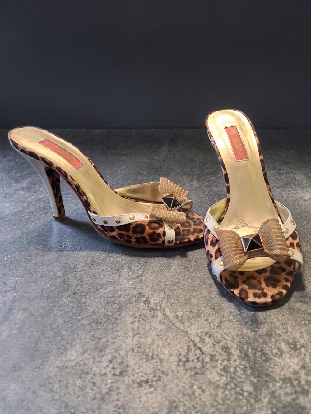 Betsey Johnson Leopard Print Open-Toe Heels with Gold Bow